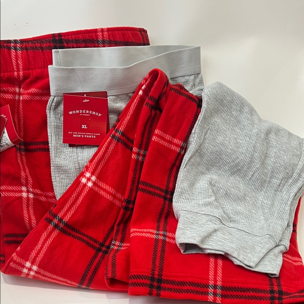 Set of 2 Men’s XL Wondershop Red Plaid and Gray Waffle Pajama Bottoms